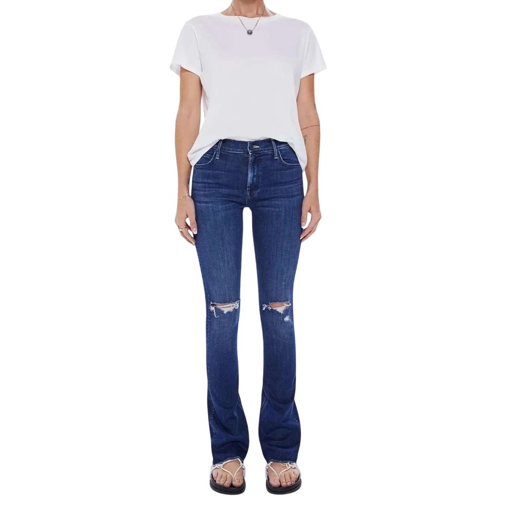 Mother Runaway Fray Flare Jeans 28 Blue Distressed Denim Boho Hippie Everyday